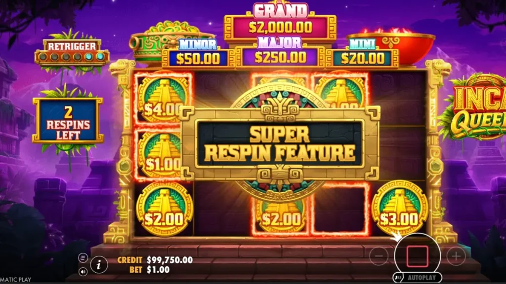 Tampilan visual slot Inca Queen dengan latar belakang kuil kuno dan simbol koin emas.