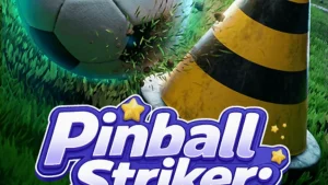 Tampilan layar permainan Pinball Striker 20,000x dengan tema stadion neon dan elemen pinball.