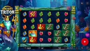 Tampilan visual slot Ancient Triton dengan latar belakang istana bawah laut dan simbol mitologi